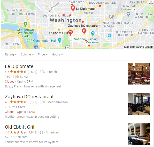 Google Local Three Pack in Washington DC